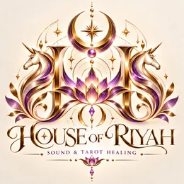 House of Riyah logo: golden H monogram flanked by unicorns and celestial lotus with House of Riyah Sound & Tarot Healing