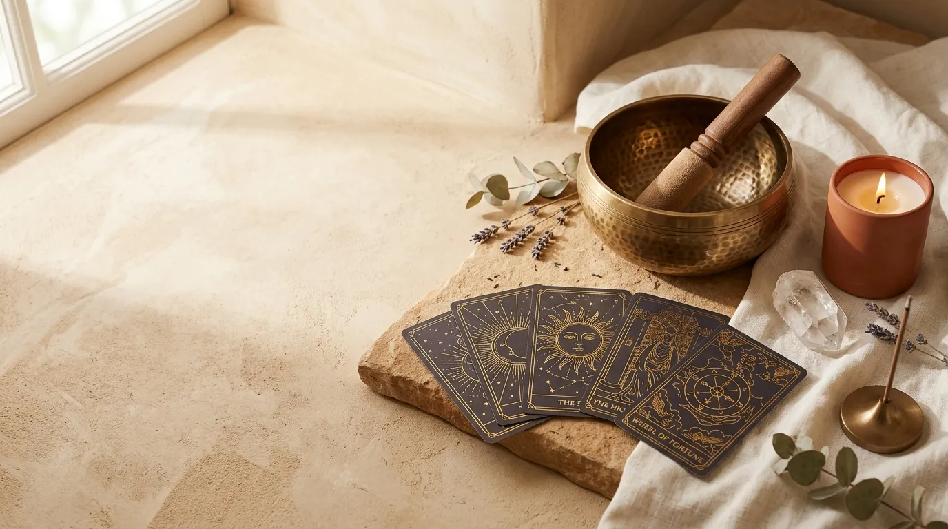 Celestial tarot cards spread alongside a handcrafted brass singing bowl in warm morning light