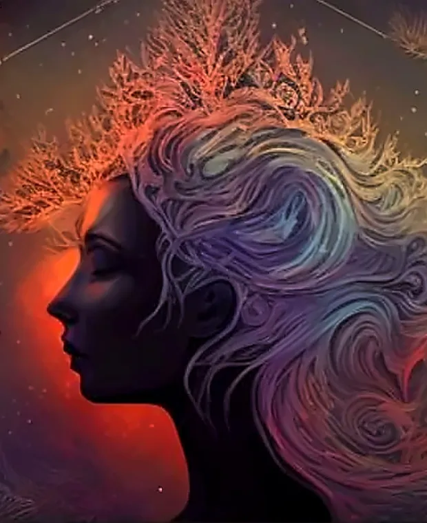 Celestial woman crowned with starlight and glowing constellations