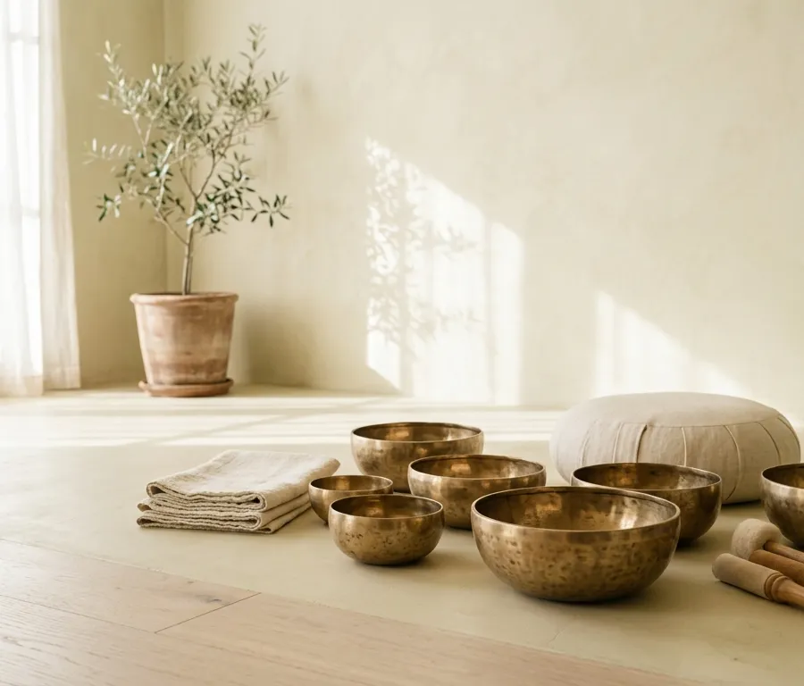 Hammered brass singing bowls, wooden mallets and meditation cushion in sunlight