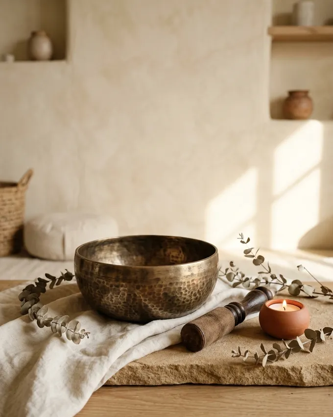 Handcrafted antique bronze singing bowl with suede mallet and glowing tea-light candle on warm sandstone