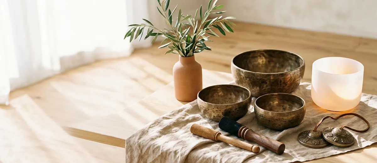 Handcrafted graduated bronze singing bowls, frosted quartz crystal bowl, tingsha bells and olive branch on sand linen