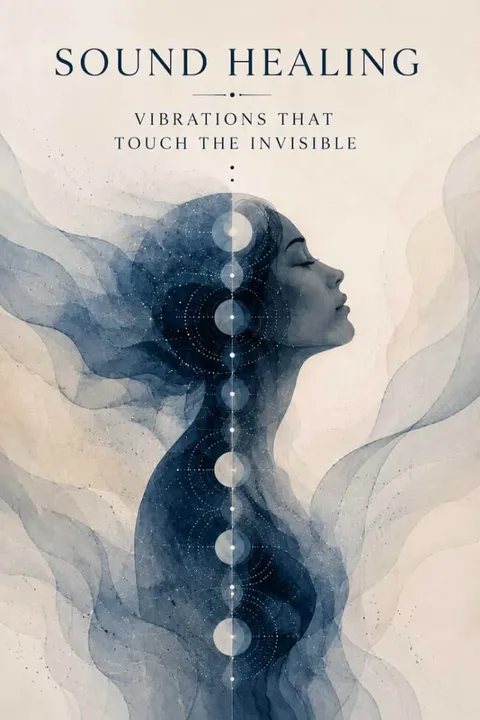 Sound Healing - Vibrations that touch the invisible: woman in meditation with acoustic resonant wave chakras
