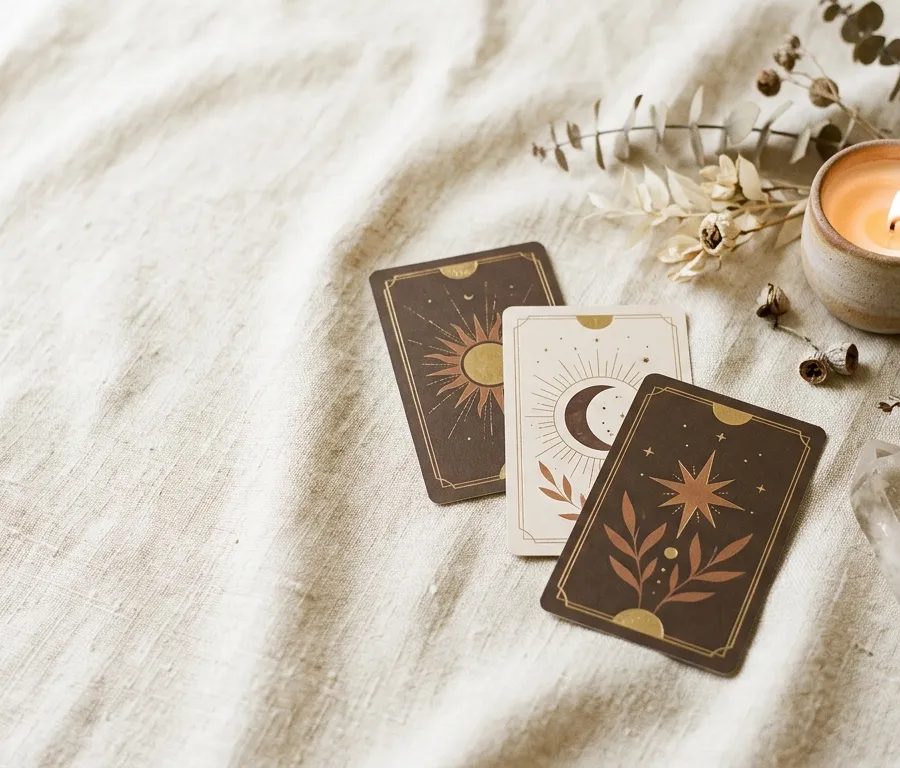 Tarot cards spread on raw linen beside a glowing candle and natural crystal