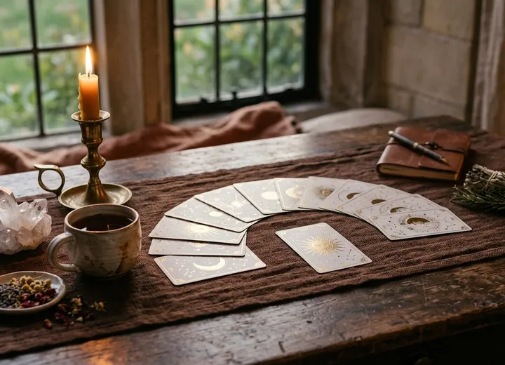 Intimate wooden consultation table with gold-foil celestial tarot cards, flickering beeswax candle, quartz crystals and dried botanicals