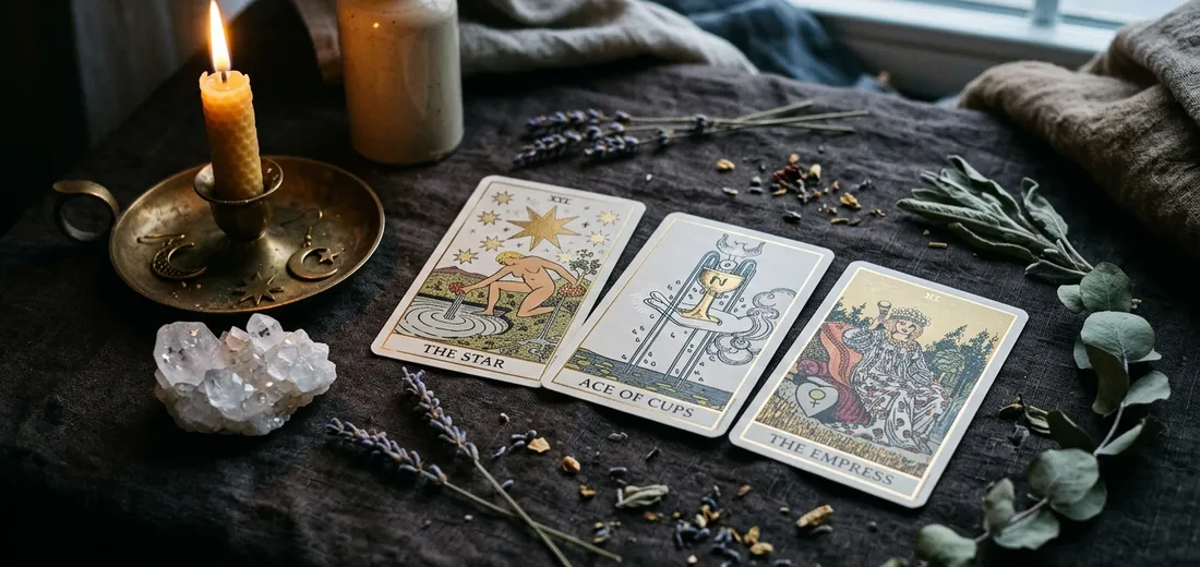 Classic three card tarot spread: The Star, Ace of Cups, The Empress with glowing beeswax candle